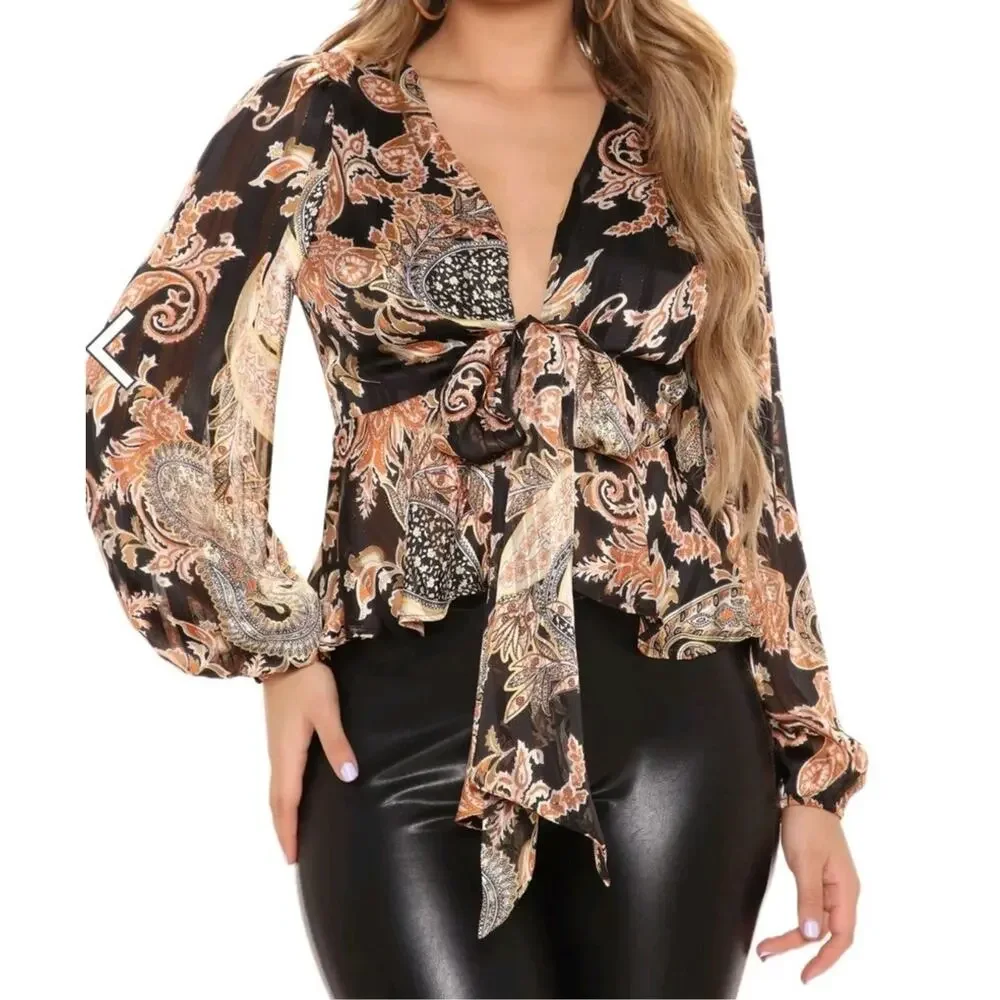 NEW Fashion Nova Blouse S Black Gold Equestrian‎ Paisely Babydoll Puff Sleeve